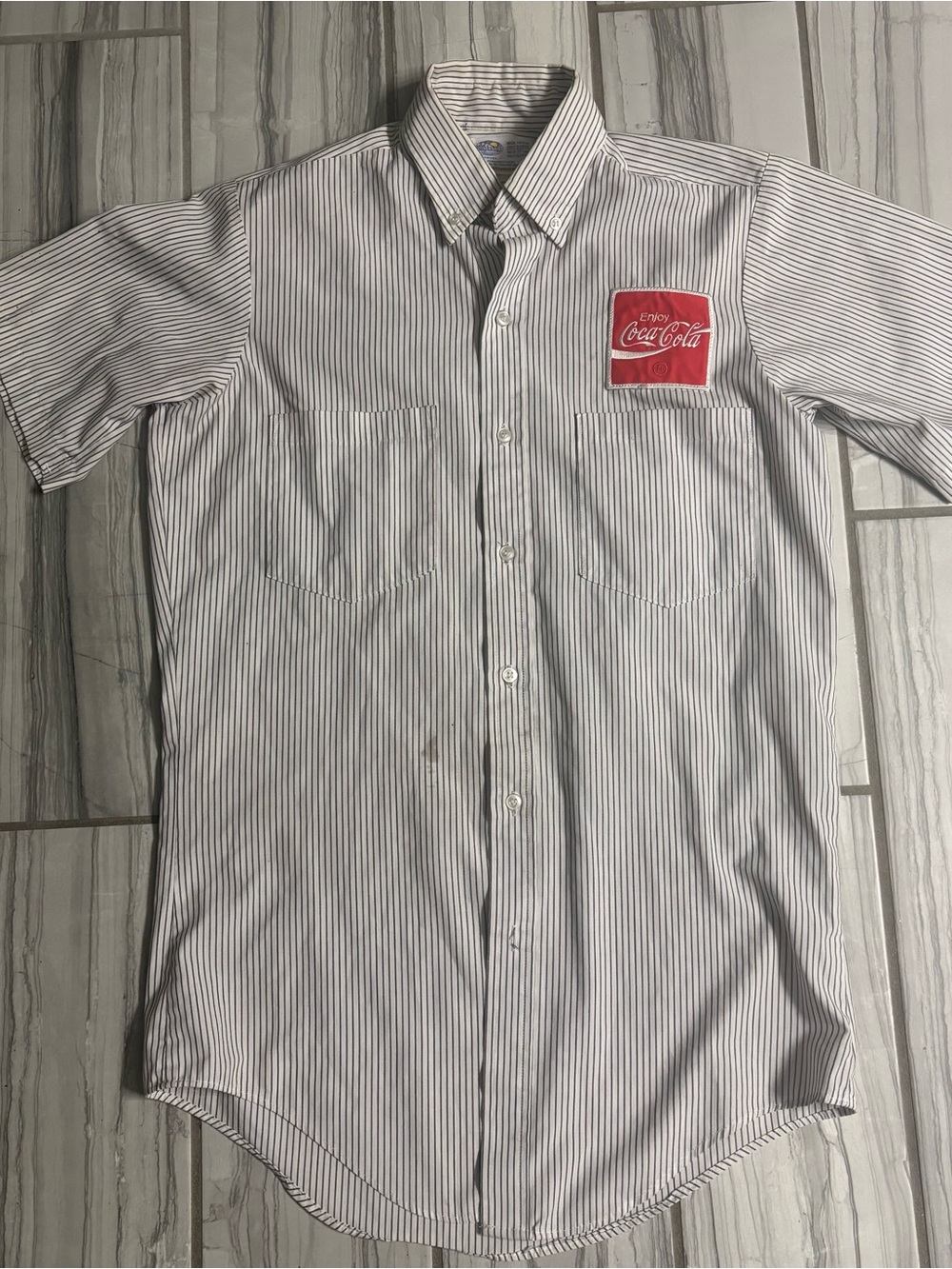 Coca Cola Men’s White Button-Down Shirt with Gray Pinstripes and Red Patch